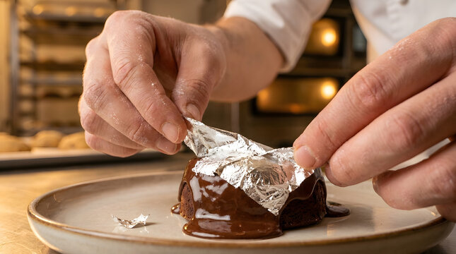 Professional chef applying silver leaf to gourmet chocolate dessert | Close up of hands decorating luxury chocolate cake with edible silver | Pastry chef plating fine dining chocolate fondant