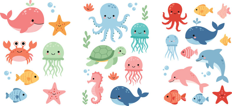 Cute underwater sea animal cartoon vector illustration set featuring whale dolphin octopus jellyfish turtle and colorful marine life collection