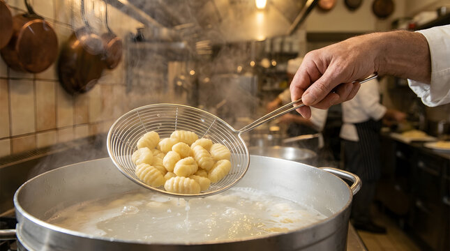 Chef boiling fresh potato gnocchi in professional kitchen | Using wire mesh skimmer to strain pasta from boiling water | Authentic Italian cooking process | Chef hand holding gnocchi strainer