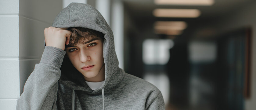 A young man wearing a grey hoodie, looking somberly into the camera with his hand on his forehead. The background is a blurred hallway