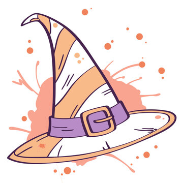 Striped witch hat with purple belt and gold buck.
