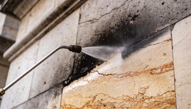 Pressure washer nozzle sprays high-pressure water stream removing stubborn dirt, grime, and environmental stains from an old stone wall, revealing cleaner texture and restoring the building's facade,