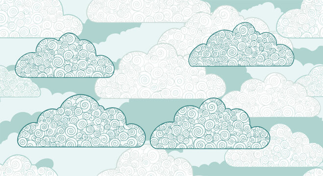 Ethereal cloud pattern features stylized white clouds with intricate swirling lines on a soft teal blue background texture.