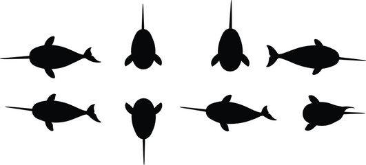 Narwhal silhouettes collection. Horned Narwhal vector graphics for arctic wildlife educational books. Mystic Narwhal shapes for ocean conservation research posters. © Olivia