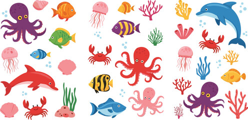 Cute underwater sea life vector illustration set featuring octopus dolphin fish jellyfish coral and colorful marine animals collection © Yevhenii creative