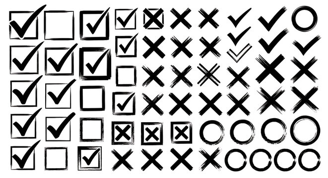 Set of hand-drawn check marks and cross symbols with checkbox handdrawn selection validation decision elements