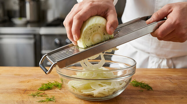 professional chef slicing fresh fennel bulb | using a stainless steel mandoline slicer in kitchen | preparing healthy vegetable salad ingredients | close up of chef hands slicing fennel