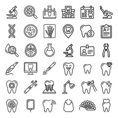 Naklejka premium Advanced dental technology and stomatology line icon set for professional clinics research and oral surgery