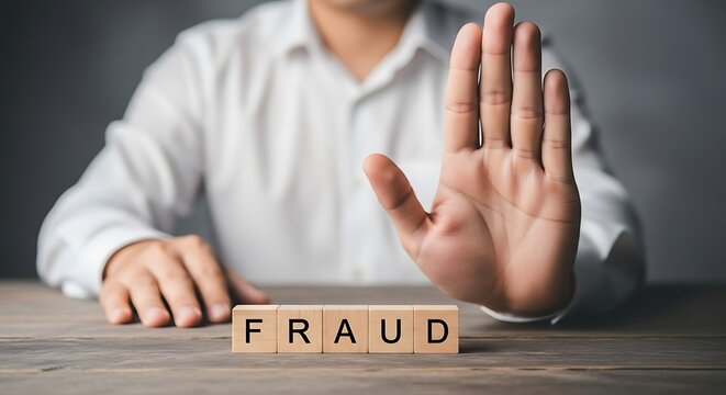 Stop Fraud Concept with Wooden Blocks and Hand Gesture