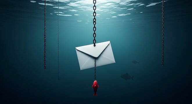 Phishing Email Threat Underwater with Fish Hook and Envelope