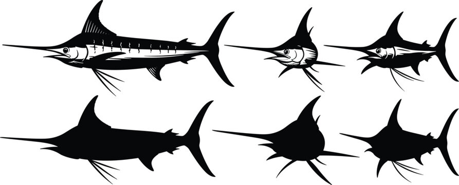 Swordfish detailed stencils. Striped Swordfish retro stamps for offshore angling trophy plaques. Engraved Swordfish outlines for vintage nautical apparel graphic prints.