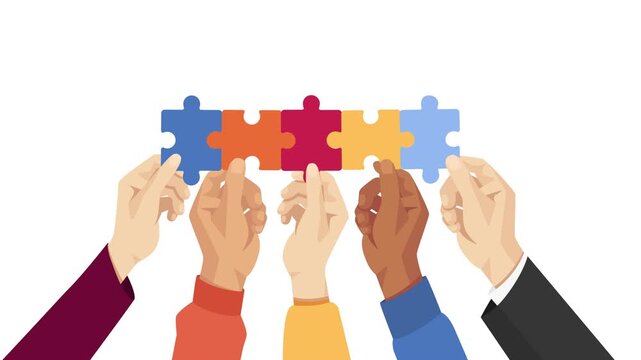 Puzzle pieces coming together with hands in business clothes. Teamwork and collaboration concept on white background