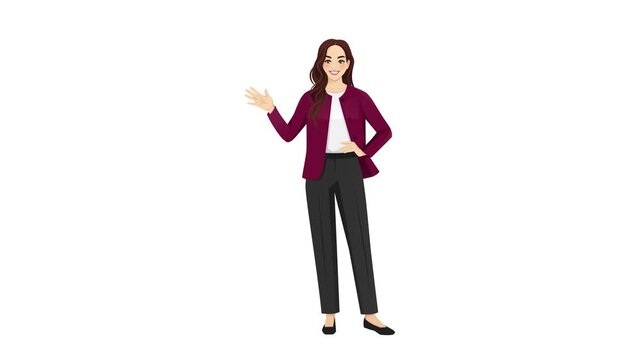 Loopable 2D cartoon animation of full body businesswoman making welcoming gesture on white background