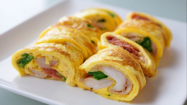 Korean food gyeran mari rolled omelette Korean cuisine egg roll sliced piece soft texture minimal presentation clean aesthetic bright light