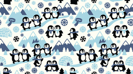Seamless Winter Pattern with Cute Penguins, Snowflakes, and Igloos © Robich Art