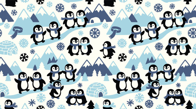 Seamless Winter Pattern with Cute Penguins, Snowflakes, and Igloos