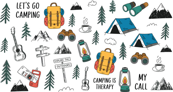 Set of wilderness explore the outdoors clip art graphics with let's go camping typography signs wooden pointers maps and nature survival equipment illustration pack. (25 words)