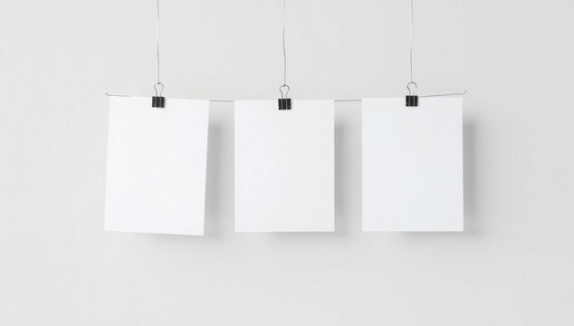 Three blank white sheets of paper hanging on a wire with black binder clips against a grey wall