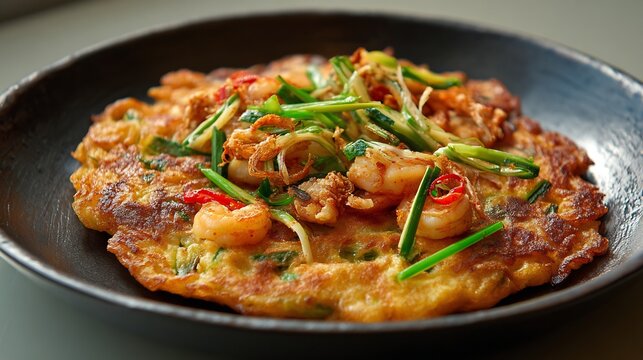 Korean food haemul pajeon seafood pancake Korean cuisine crispy scallion pancake shrimp squid golden texture minimal composition top view soft light