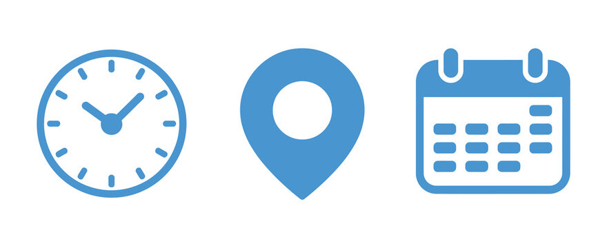 Clock, location pin, and calendar illustration ai icons representing time management, scheduling, navigation services, event planning, appointment reminders, productivity tools, and modern business or