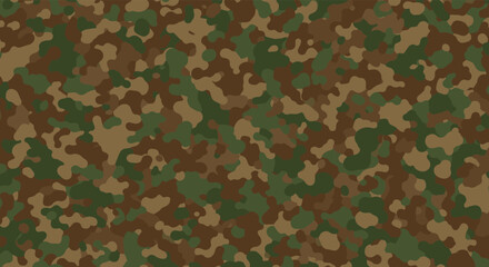 Classic forest camouflage pattern features interlocking splotches of dark green, olive, brown, and tan for concealment in nature. © Mr