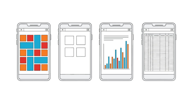 Wireframe sketches of four smartphone screens illustrate different mobile user interface layouts including grids, charts, and lists.