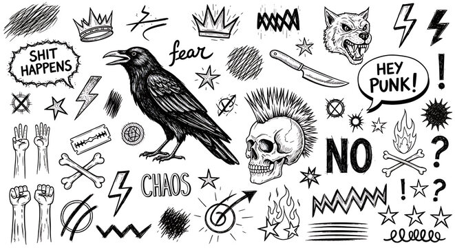 Punk style hand drawn doodles featuring skulls ravens and chaos themes illustration aggressive elements expression subculture