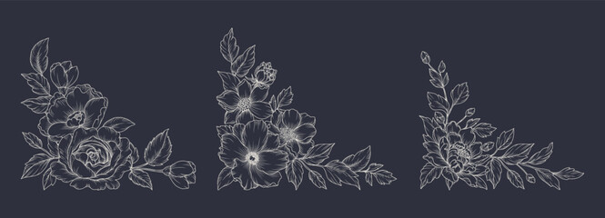 Vintage floral frames in line art style. Elegant corners with hand-drawn botanical motifs, flowers, and leaves. Vector illustration for wedding invitation, packaging, save the date card © Victory