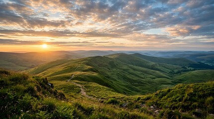 Fototapeta premium Scenic rolling hills bathed in golden sunset light with a winding path leading into the distance, evoking tranquility and natural beauty