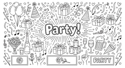 Fototapeta premium Festive birthday party doodle illustration set with birthday celebration balloons illustration collection celebrate presents decorative greeting background elements