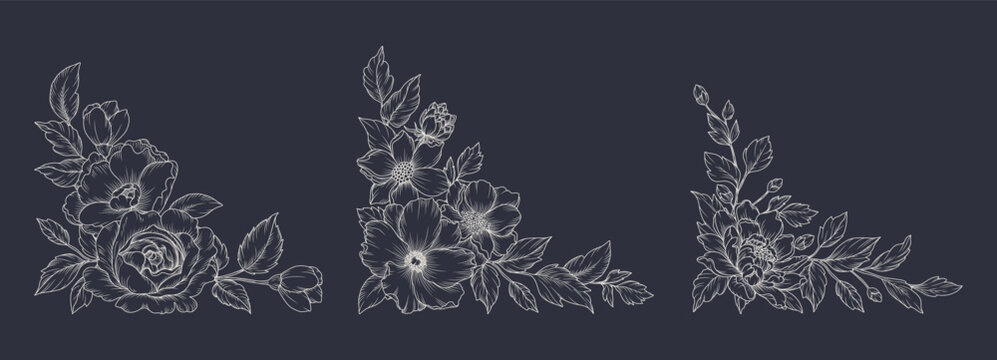 Vintage floral frames in line art style. Elegant corners with hand-drawn botanical motifs, flowers, and leaves. Vector illustration for wedding invitation, packaging, save the date card