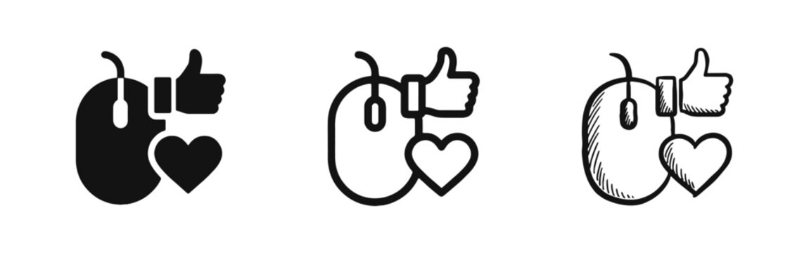 Social Media Engagement Icons Set with Computer Mouse Thumbs Up and Heart Symbols