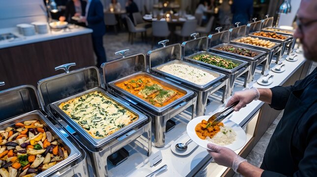 Gourmet buffet dining experience with a selection of diverse culinary delights being served by a waiter at a catered event