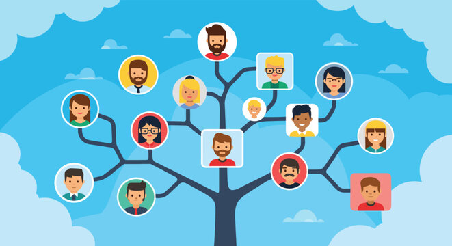 Family tree diagram uses circular people avatars and connecting lines against a blue sky with soft white clouds.