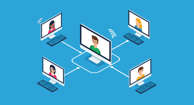 Network of five computer workstations is shown in an isometric view with each screen displaying a person's video call avatar.