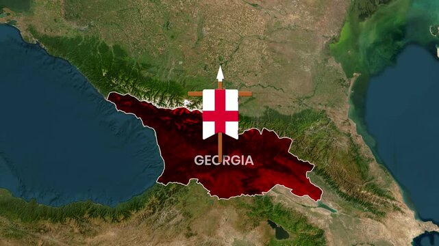 Animated Georgian flag and nation outline overlaid on satellite map footage