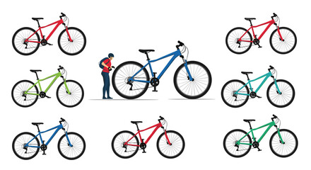 Obraz premium Collection of colorful mountain bikes in various shades including red, blue, green, and teal with a cyclist standing nearby.