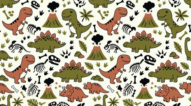 Cute Cartoon Dinosaur Seamless Pattern with Volcanoes and Fossils