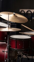 Fototapeta premium Red drum kit with cymbals and drumsticks in rehearsal studio closeup setup