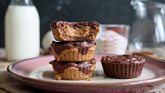 Peanut butter chocolate cups stacked on a plate with milk