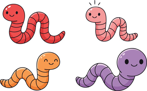Cute worm cartoon vector illustration set featuring colorful smiling worm characters isolated kawaii animal collection