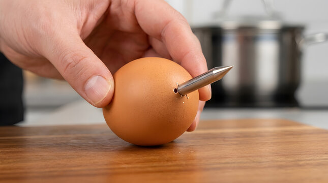 Hand holding brown egg with metal pricker | Using an egg piercer tool before boiling | Kitchen gadget for perfect boiled eggs | Close up of piercing eggshell for cooking