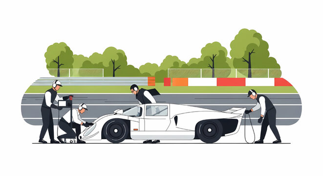Pit crew maintenance of racing car on circuit track