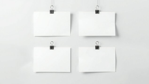 Four blank white rectangular paper cards hanging from metal clips against a plain light background