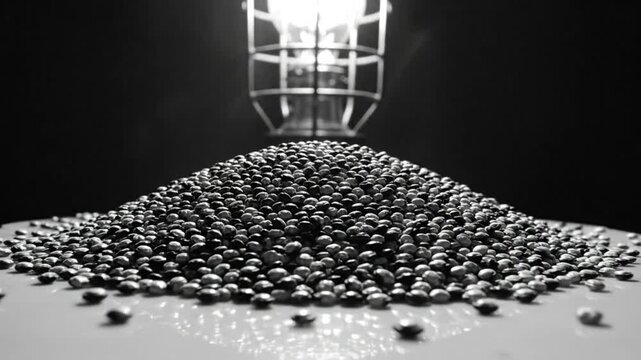 Black and white close up of a mountain of spheres under a bright caged light with emanating smoke and a dark background