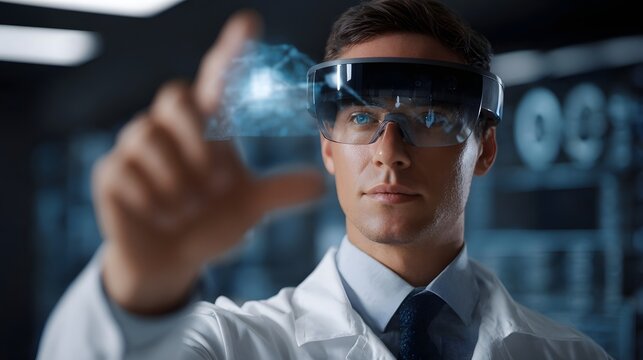 A person wearing a futuristic visor interacts with holographic interfaces showcasing advanced technology and virtual reality concepts
