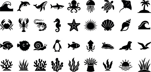 Sea and coastal icons set. Contain icons related to dolphin, whale, coral, palm tree and more. Editable stroke. Vector illustration © SHAHADAT