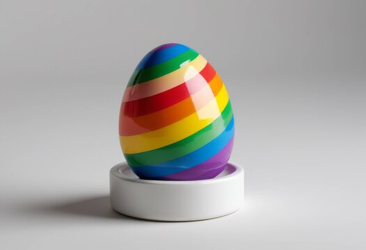 Glossy rainbow colored egg and a minimalist display stand
