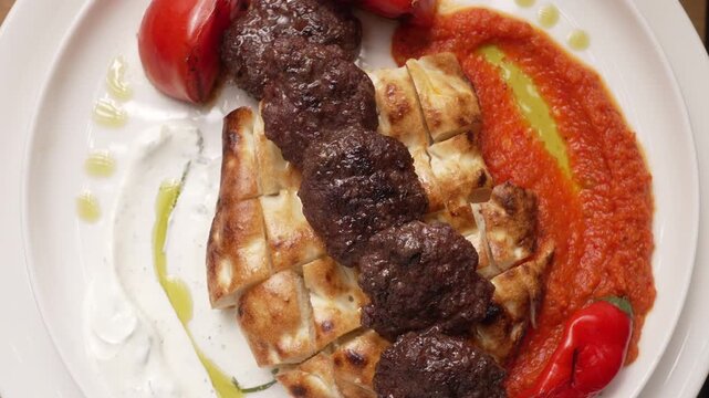 Delicious plate of Turkish kofta kebab served with pita bread, tomato, pepper, and yogurt sauce, fa01