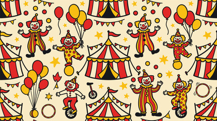 Seamless Pattern with Circus Tents Clowns and Balloons Illustration © Robich Art